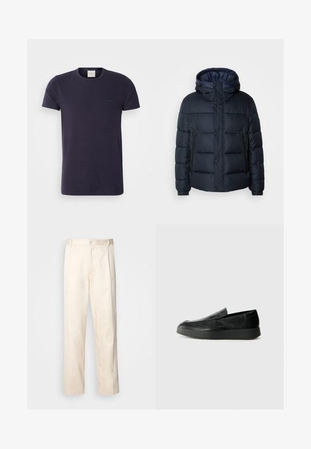 Σακάκι πούφφερ σε ναυτικό μπλε με κουκούλα, ραφιναρισμένο σχέδιο, μπροστινό φερμουάρ και κουμπώματα, δύο πλαϊνές τσέπες και ελαστικές μανσέτες.; Σκούρο μπλε βαμβακερό μπλουζάκι με στρογγυλή λαιμόκοψη και κοντά μανίκια. Διαθέτει ένα μικρό λογότυπο στο στήθος και έχει λεία υφή.; Μπεζ βαμβακερό παντελόνι με ίσια γραμμή, διαθέτει κουμπί κλεισίματος και πτυχές στο μπροστινό μέρος για επιπλέον λεπτομέρεια.; Calvin Klein HYBRID CUP - Παπούτσια χωρίς κορδόνια - triple black