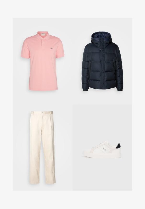 Námornícka pufovaná bunda s kapucňou, prešívaný dizajn, predný zips a druky, dve bočné vrecká a elastické manžety.; GANT REG SHIELD SS - Polokošeľa - bubbelgum pink; Béžové bavlnené nohavice so strihom rovného nohu, s gombíkovým zapínaním a záhybmi vpredu pre pridanie detailu.; Biele tenisky s jemne ružovými a čiernymi akcentmi, s hladkou kožou a semišovými panelmi, okrúhlou špičkou a plochou gumovou podrážkou.