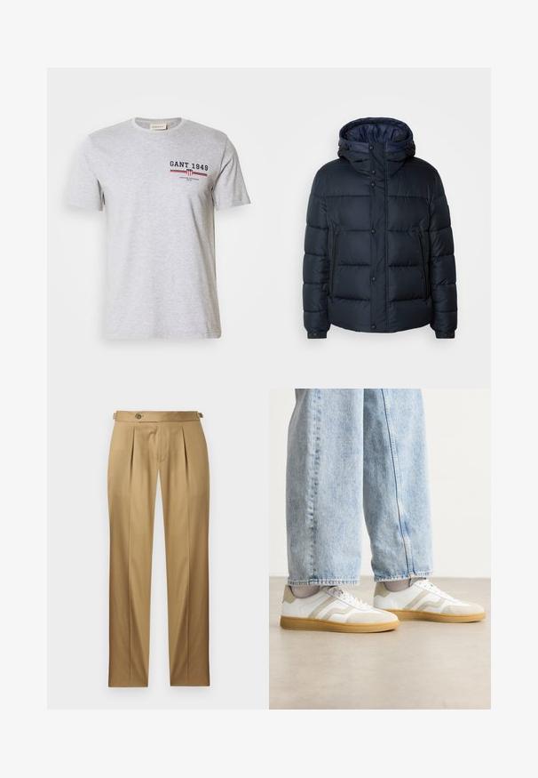 Marine blauwe pufferjack met een capuchon, doorgestikt ontwerp, voorrits en drukknoopsluiting, twee zijzakken en elastische manchetten.; Grijze katoenen t-shirt met korte mouwen, ronde hals en bedrukte tekst in marineblauw en rood. Bevat een logo en horizontale strepen.; Beige broek met een rechte pasvorm, voorzien van plooien, een knoopsluiting en riemlussen. Gladde stof met een nette, op maat gemaakte uitstraling.; Witte sneakers met beige suède accenten en lichte rubberen zolen; voorzien van een lage schacht en textuurdetails op de bovenkant.