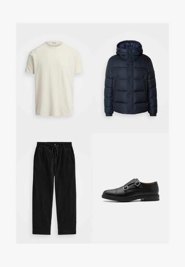 Tumesinine puhvjakiri kapuutsiga, tikkpatterndiga, ees lukuga ja nööbiga kinnitused, kaks küljetaskut ning elastsed varrukaotstarbelised. ; Hele kreem värvi lühikeste varrukatega T-särk pehmest ja hingavast kangast, ümmarguse kaelusega ja raglanvarrukatega. Minimalistlik disain, ilma õmblusteta külgedel.; Mustreeritud mustad korduroypassid, millel on vabalt langev lõige, elastse vöökoha ja nööriga, ning küljetaskud. Kangas on ribakujuline.; Must musta lähedane king, millel on topelt luku sulgemine, ümar varvas, peened õmblused ja lame, tekstureeritud kummitald.