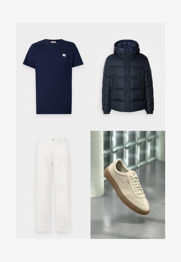Jachetă puffer bleumarin cu glugă, design matlasat, închidere frontală cu fermoar și capse, două buzunare laterale și manșete elasticizate.; Tricou din bumbac albastru marin, cu mâneci scurte, guler rotund și un mic patch cu logo brodat pe pieptul stâng. Textură netedă.; Jeans din denim alb cu croială dreaptă, închidere cu nasture și fermoar, design cu cinci buzunare și fără modele sau accente vizibile.; Pantof sport din piele întoarsă bej deschis cu talpă din cauciuc gumă, șireturi proeminente și detalii subtile de cusături. Design curat cu estetică minimalistă.