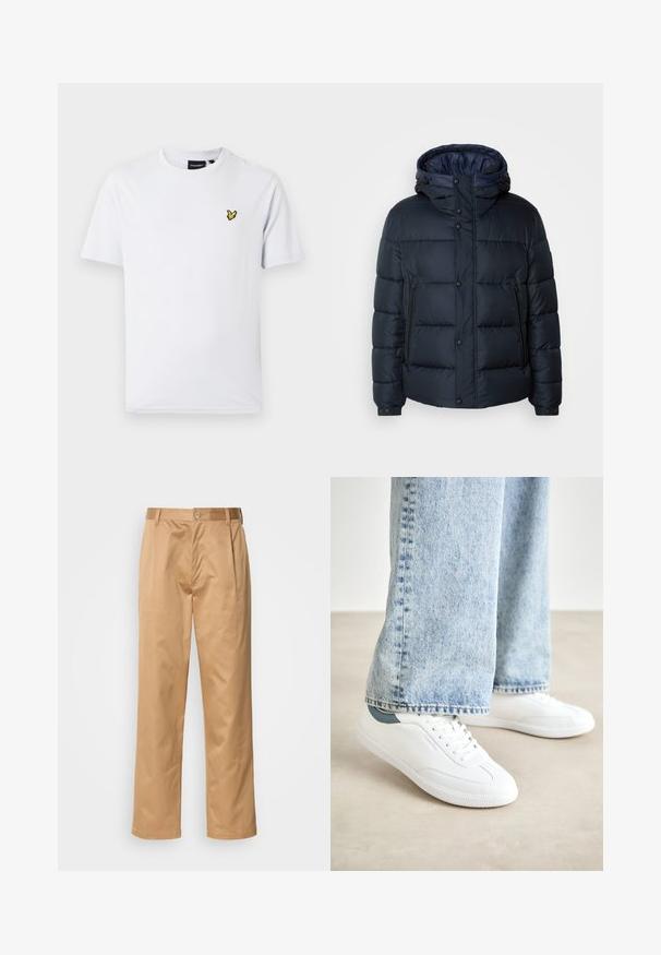 Námornícka pufovaná bunda s kapucňou, prešívaný dizajn, predný zips a druky, dve bočné vrecká a elastické manžety.; Biela krátka rukávová tričká z bavlny, s malým žltým vyšitým logom na hrudi, okrúhlym výstrihom a klasickým strihom.; Khaki nohavice, z bavlneného zmesi, priamy strih, predné záhyby, pútka na opasok a gombíkový uzáver. Hladká textúra bez vzoru.; Biele tenisky s hladkým materiálom, šnurovací dizajn, textúrovaná gumová podrážka a tyrkysový akcent na päte, skombinované s svetlomodrými džínami.