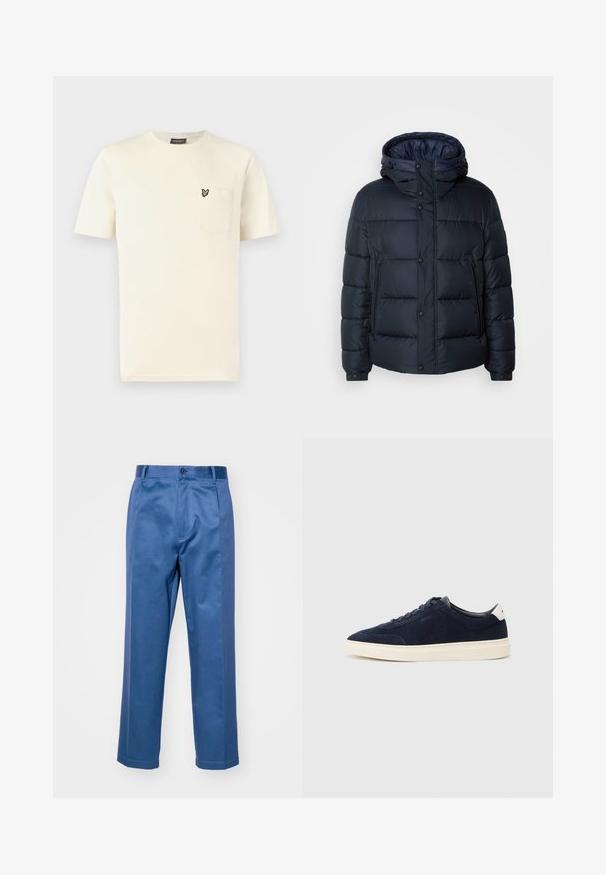 Casaco puffer azul-marinho com capuz, design acolchoado, fecho à frente com zíper e botões de pressão, dois bolsos laterais e punhos elástico.; T-shirt de algodão cor creme com decote redondo, mangas curtas e um bolso no lado esquerdo do peito com um pequeno bordado de borboleta.; Calças azuis feitas de um tecido suave, com um design de perna reta, fecho de botão e detalhes de costura discretos.; Ténis de camurça azul-marinho com parte superior em tecido suave, sola de borracha branca e design simples de atar. Apresenta um pequeno logótipo na lateral.