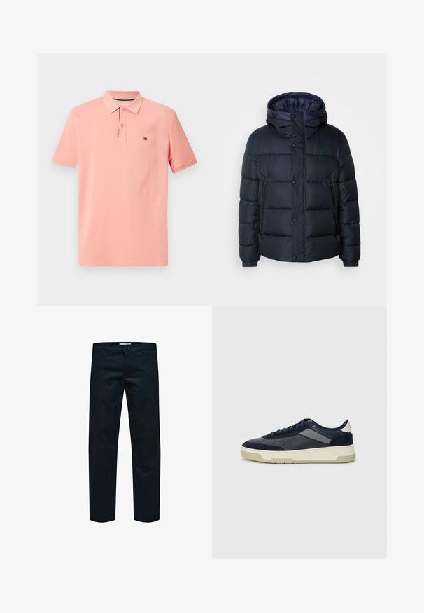 Jūras spēku krāsas pūkaina jaka ar kapuci, ar šuvju dizainu, priekšējo rāvējslēdzēju un pogu aizdari, divām sānu kabatām un elastīgām aprocēm.; Polo krekls gaiši korallā, kokvilnas materiāls, īsas piedurknes, trīs pogu apmale, diskrēts logo izšūts uz krūškurvja, gluda tekstūra.; Melni kokvilnas bikses ar taisna piegriezuma dizainu, kurām ir vienkārša poga aizdare un standarta kabatas. Gluda tekstūra un bez redzamām rakstu detaļām.; BOSS BALTIMORE - Sporta apavi - open blue