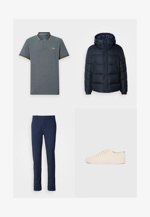 Mornarska zimska jakna s kapuco, prešita zasnova, sprednji zadrga in priponke, dve stranski žepni in elastični manšeti.; Siva polo majica z teksturirano tkanino, ki ima zapenjanje na tri gumbe, svetlo modre in oranžne barvne akcentre na ovratniku ter majhen logotip na prsih.; Temno modri hlače iz gladkega materiala, z ravnimi nogavicami, z zadrgo in enim sprednjim žepom s sponko.; Bež platneni športni copati z okroglo konico, ravnim gumijastim podplatom in vezalkami spredaj. Imajo minimalističen dizajn in kontrastni črn akcent na peti.