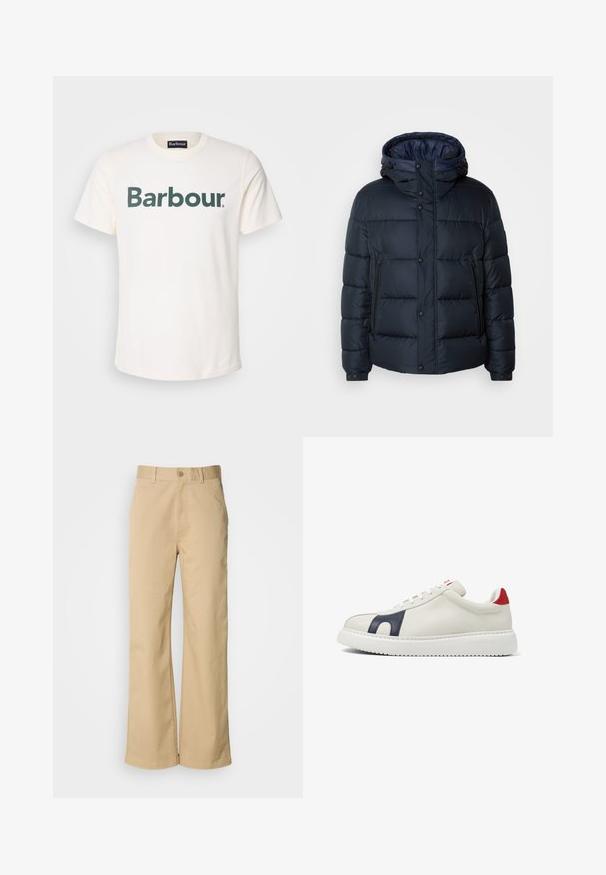 Navy puffer jacket with a hood, quilted design, front zip and snap closures, two side pockets, and elasticized cuffs.; Barbour LOGO TEE - Print T-shirt - whisper white; Beige, wide-leg pants made from a cotton blend. Features a button closure and belt loops. Smooth texture, with minimal stitching details.; Low-top white sneaker with navy blue side detail, red heel accent, lace-up closure, and thick white rubber sole.