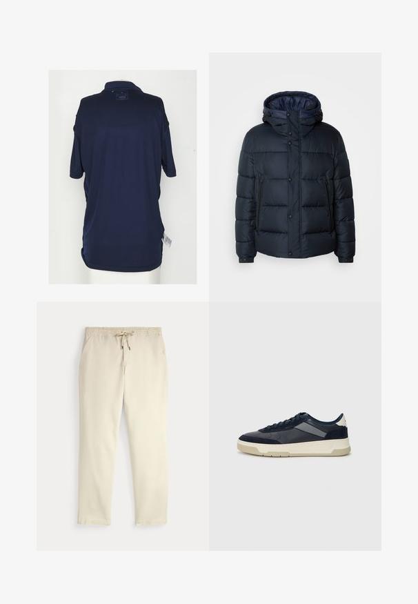 Marinblå puffjacka med huva, quiltat mönster, dragkedja och tryckknappar fram, två sidofickor och elastiska ärmslut.; Navyblå pikétröja med krage, korta ärmar och en etikett på baksidan. Tillverkad av mjukt, andningsbart tyg med en lös passform.; Off-white casual byxor med elastisk midja och snörning, raka ben och sidofickor mot en enfärgad bakgrund.; BOSS BALTIMORE - Sneakers - open blue