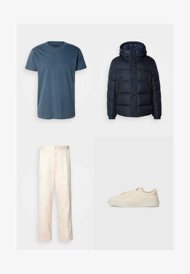 Mornarska puf jakna s kapuljačom, kvadratnim dizajnom, prednjim zatvaračem i kopčama na dugmad, sa dva bočna džepa i elastičnim manžetama.; Mads Nørgaard THOR TEE - Osnovna majica kratkih rukava - midnight navy; Bežaste pamučne hlače ravnog kroja s kopčanjem na dugme i plisiranjima sprijeda za dodatni detalj.; Bež kožne tenisice s okruglim vrhom, minimalistički dizajn, suptilni šavovi i teksturirana gornja strana, na svijetloj potplati.