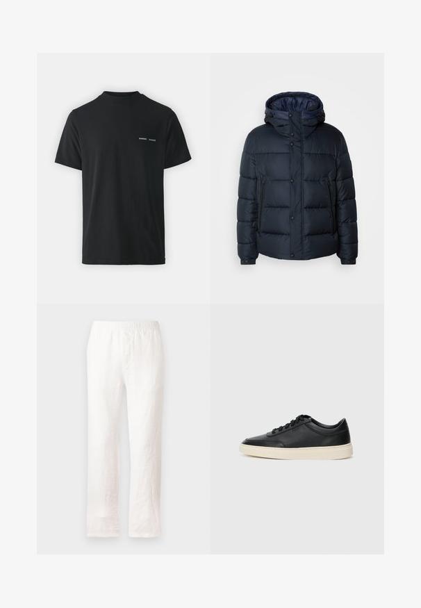 Cazadora acolchada azul marino con capucha, diseño acolchado, cierre frontal con cremallera y botones a presión, dos bolsillos laterales y puños elásticos.; Camiseta de algodón negra con cuello redondo clásico, mangas cortas y dos pequeños logotipos blancos "SAMSØE" en el pecho izquierdo.; Pantalones de lino blanco con cinturilla elástica, diseño de pierna recta y tela ligeramente texturizada. Sin patrones ni detalles adicionales.; Zapatilla negra de piel de caña baja con cordones negros y suela color crema, mostrada en perfil lateral sobre fondo blanco.