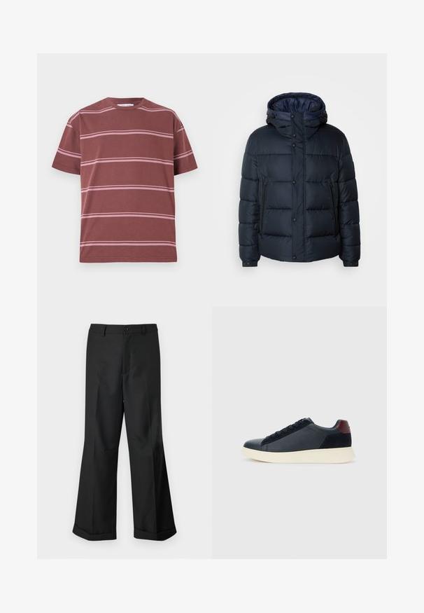 Jūras spēku krāsas pūkaina jaka ar kapuci, ar šuvju dizainu, priekšējo rāvējslēdzēju un pogu aizdari, divām sānu kabatām un elastīgām aprocēm.; Burgundijas krāsas T-krekls ar horizontālām rozā svītrām, apaļa kakla izgriezums, īsas piedurknes un brīvs piegriezums. Izgatavots no mīksta kokvilnas materiāla.; Melni plaši bikses ar pogājam jostu un apakšdaļu ar aprocēm, izliktas uz vienkārša balta fona.; Zemāko vīriešu sporta apavu modelis melnā ādas un zamša apdarē ar bordo krāsas papēža cilpu un baltu gumijas zoli, skatoties no ārējās puses.