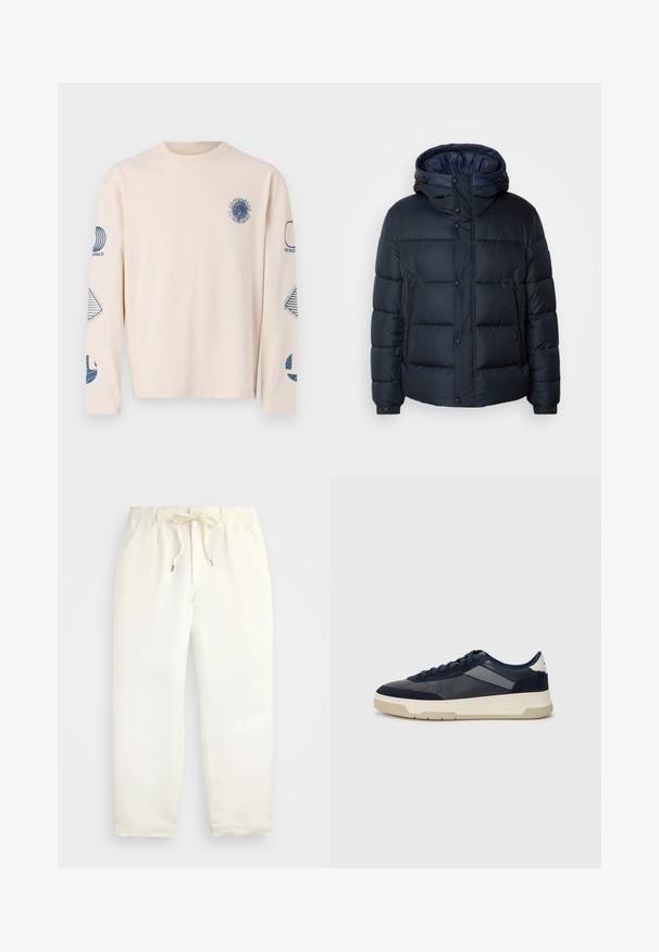 Námornícka pufovaná bunda s kapucňou, prešívaný dizajn, predný zips a druky, dve bočné vrecká a elastické manžety.; Dlhý rukáv, béžové tričko vyrobené z bavlny. Má modré grafické potlače na hrudi a rukávoch s rôznymi geometrickými dizajnmi.; Svetlo krémové, voľné nohavice vyrobené z mäkkého materiálu. Majú elastický pás s šnúrkou a zúžený strih nohavíc.; BOSS BALTIMORE - Tenisky - open blue