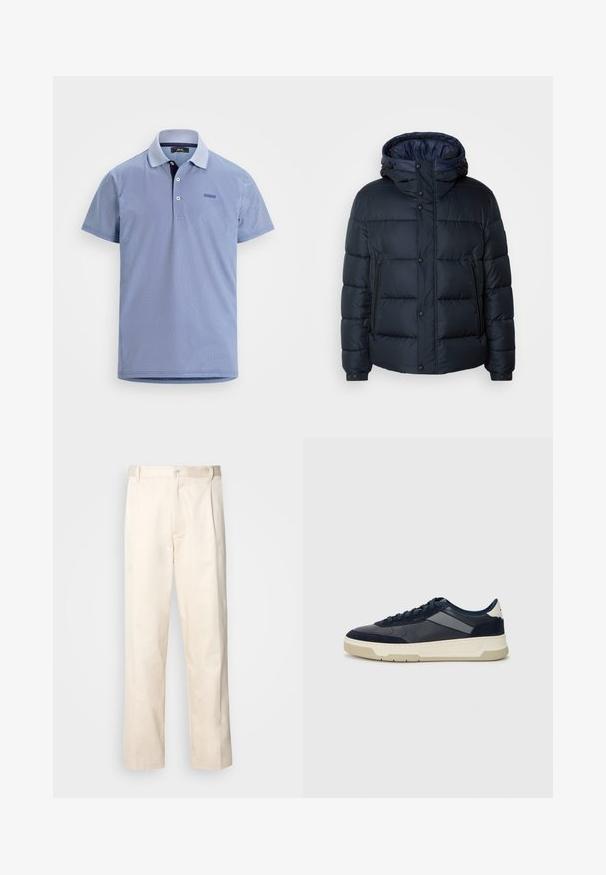 Jūras spēku krāsas pūkaina jaka ar kapuci, ar šuvju dizainu, priekšējo rāvējslēdzēju un pogu aizdari, divām sānu kabatām un elastīgām aprocēm.; Gaiši zils īso piedurkņu polo krekls ar smalku ģeometrisku rakstu, divām baltām pogām un mazu taisnstūra logotipu kreisajā krūtīs.; Bežā krāsā auduma bikses ar taisnu kāju griezumu, pievienotām pogu aizdares un priekšējiem krokām papildu detaļām.; BOSS BALTIMORE - Sporta apavi - open blue