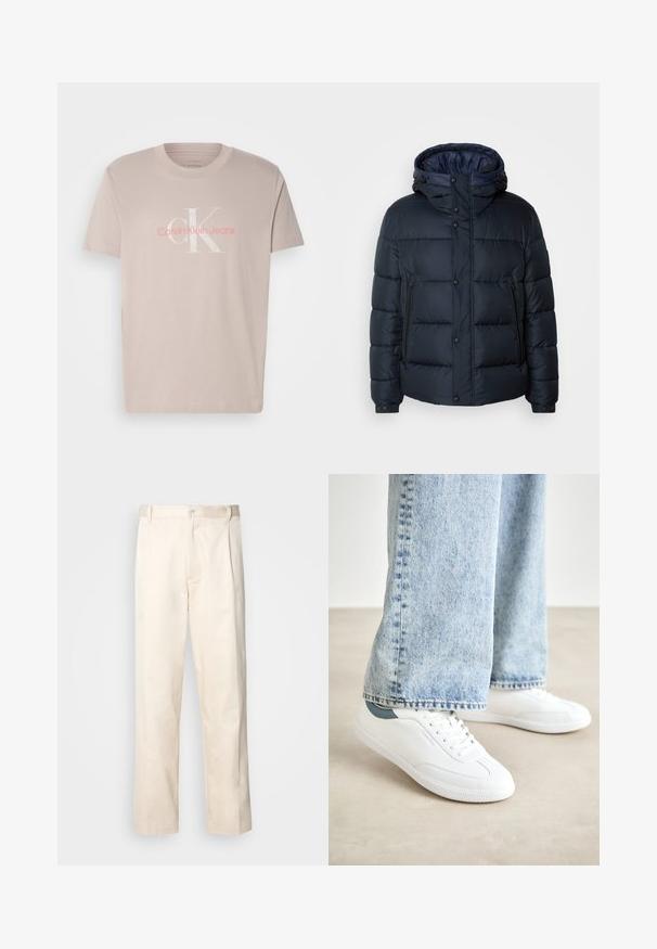 Námořnická páperová bunda s kapucí, prošívaný design, přední zip a patentky, dvě boční kapsy a pružné manžety.; Beige bavlněné tričko s kulatým výstřihem, krátkými rukávy a jemným bílým a růžovým logem "Calvin Klein Jeans" na přední straně.; Bežové bavlněné kalhoty se střihy rovného nohavice, s knoflíkovým zapínáním a záhyby vpředu pro zvýraznění detailu.; Bílé tenisky s hladkým materiálem, šněrovacím designem, texturovanou gumovou podešví a tyrkysovým akcentem na patě, v kombinaci se světle modrými džíny.