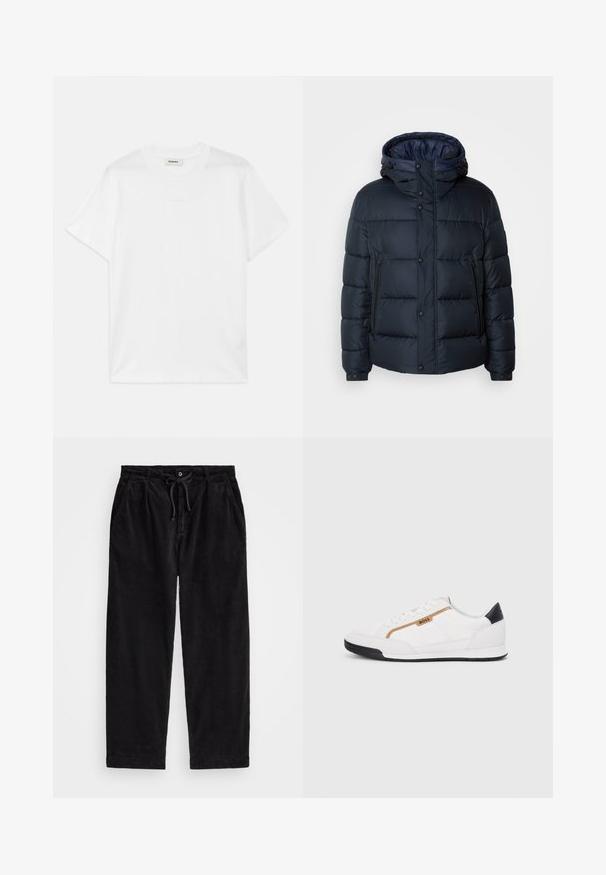 Mornarska zimska jakna s kapuco, prešita zasnova, sprednji zadrga in priponke, dve stranski žepni in elastični manšeti.; Bela bombažna majica s krobnim ovratnikom, kratkimi rokavi in subtilnim logotipom, natisnjenim spredaj. Gladka tekstura in preprost dizajn.; Črne kord pants z udobnim krojem, ki imajo elastičen pas z vrvico in stranske žepke. Tkanina prikazuje rebrasto teksturo.; Bele športne čevlje z mrežnimi in usnjenimi detajli. Opremljeni so z zlatim logotipom "BOSS", teksturiranimi stranskimi paneli in črnim kapcom na peti. Guma podplat.