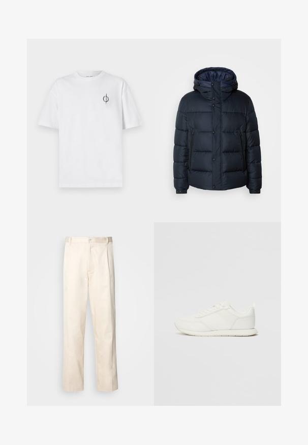 Marineblå pufferjakke med hette, quiltet design, frontglidelås og trykknapper, to sidelommer og elastiske mansjetter.; Hvit bomull t-skjorte med avslappet passform, med en liten svart grafisk logo på venstre brystområde. Korte ermer, rund hals.; Beige bomullsbukser med rett benfatt, med knappelukking og folder foran for ekstra detaljer.; Hvit sneaker med en mesh- og syntetisk overdel, rund tå, flate lisser og en teksturert sidestropp. Gummisåle med en pull-tab bak.