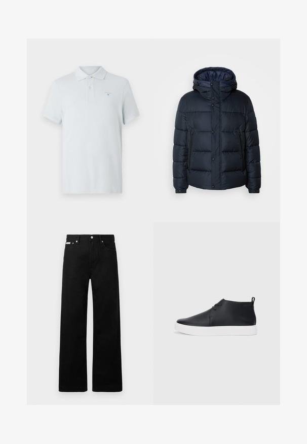 Casaco puffer azul-marinho com capuz, design acolchoado, fecho à frente com zíper e botões de pressão, dois bolsos laterais e punhos elástico.; Camisa polo azul clara feita de algodão, com colarinho de dois botões, mangas curtas e um pequeno logo no lado esquerdo do peito. Textura suave.; Calças de ganga pretas com um design de pernas largas, apresentando cinco bolsos e fechos metálicos. Textura suave, sem padrões visíveis.; Sapatilhas altas de couro preto com um acabamento suave, sola de borracha branca e um design simples de atacadores. Apresenta uma alça na parte de trás.