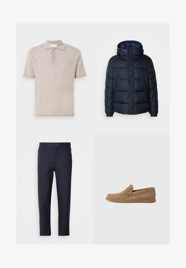 Námornícka pufovaná bunda s kapucňou, prešívaný dizajn, predný zips a druky, dve bočné vrecká a elastické manžety.; Polo tričko s krátkym rukávom v svetlej béžovej farbe z bavlny, s klasickým golierom, dvomi gombíkmi a hladkým, textúrovaným povrchom.; Námornícky modré nohavice so strihom, vyrobené z hladkého materiálu, s vreckom na zips, rovnými nohavicami a gombíkovým zapínaním na páse.; Hnedé semišové mokasíny na slip-on s hladkým povrchom a prešitím; obsahujú gumenú podrážku pre lepšiu trakciu.