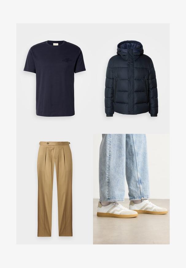 Námornícka pufovaná bunda s kapucňou, prešívaný dizajn, predný zips a druky, dve bočné vrecká a elastické manžety.; Námornícky modré bavlnené tričko s krátkymi rukávmi, okrúhlym výstrihom a vyšitým logom na hrudi. Mäkká textura, rovný strih, minimalistický dizajn.; Béžové nohavice s rovný strihom, s plisami, zapínaním na gombík a pútkami na opasok. Hladká látka s čistým, šitým vzhľadom.; Biele tenisky s béžovými semišovými akcentmi a svetlými gumovými podrážkami; majú nízky dizajn a štruktúrované detaily na vrchnej časti.