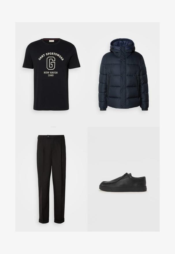 Tumesinine puhvjakiri kapuutsiga, tikkpatterndiga, ees lukuga ja nööbiga kinnitused, kaks küljetaskut ning elastsed varrukaotstarbelised. ; Tumesinine puuvillane T-särk ümarate krae ja lühikeste käistega. Sisaldab valget trükist, kus on kirjas "GANT SPORTSWEAR", "NEW HAVEN" ja "1949".; Mustad püksid siledast kangast, sirge lõikega, kahe esipocketiga ja ühe nööbiga vöökoha kinnitamiseks.; Must na ostri varvastega musta nahast libisemisega king, millel on tikand ja must kummitald. Sile tekstuur ja minimalistik disain.