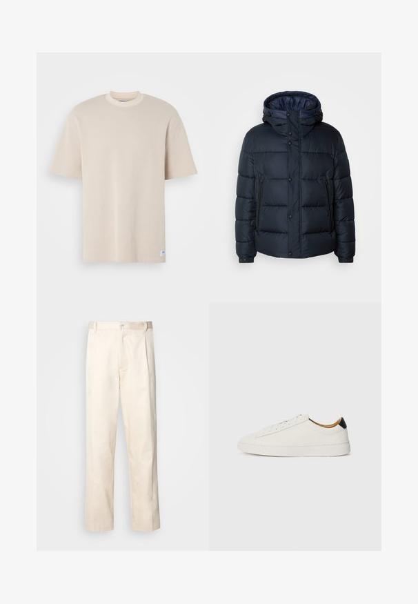 Marineblå pufferjakke med hette, quiltet design, frontglidelås og trykknapper, to sidelommer og elastiske mansjetter.; Beige ribbet t-skjorte med rund hals og korte ermer, med en synlig merkevareetikett nederst til venstre.; Beige bomullsbukser med rett benfatt, med knappelukking og folder foran for ekstra detaljer.; Hvit sneaker med et glatt skinnoverside, rund tå og flat såle. Svart detalj ved hælen, med ton-i-ton snøring og minimal merkevare.
