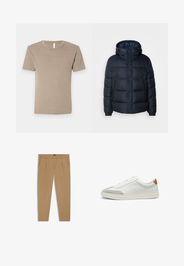 Marine blauwe pufferjack met een capuchon, doorgestikt ontwerp, voorrits en drukknoopsluiting, twee zijzakken en elastische manchetten.; Bruine, kortärmelige T-shirt van zachte katoen. Heeft een ronde halslijn en een eenvoudig ontwerp zonder patronen of versieringen.; Beige broek met een gladde textuur, rechte snit, voorzakken en een knoopsluiting in de taille.; Witte leren sneakers met grijze suede accenten en een tan leren hieltab. Kenmerkt zich door een textuurovervlak en een lichtgewicht zool.