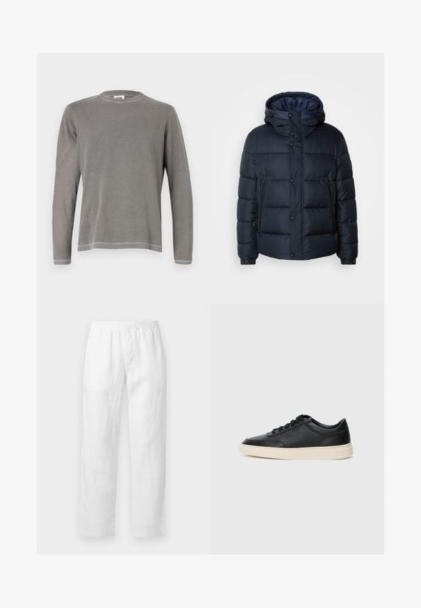 Navy puffer jacket with a hood, quilted design, front zip and snap closures, two side pockets, and elasticized cuffs.; Gray long-sleeve t-shirt with a crew neckline, crafted from soft cotton, featuring simple stitching along the hem and cuffs.; White linen pants featuring an elastic waistband, straight-leg fit, and soft texture with no visible patterns or hardware details.; Black low-top leather sneaker with black laces and off-white sole shown in side profile on white background.