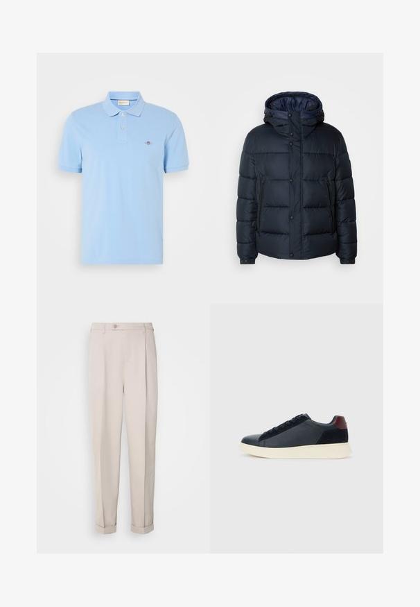 Námořnická páperová bunda s kapucí, prošívaný design, přední zip a patentky, dvě boční kapsy a pružné manžety.; Svetle modrá polo košile vyrobená z bavlny, s klasickým límcem, dvoupřícestným zapínáním a malým vyšitým logem na hrudi.; Béžové kalhoty z hladkého materiálu, s rovný střih, jednou plisovanou přední částí a ohrnutými manžetami. Obsahují přední zapínání na knoflík.; Nízké pánské tenisky z černé kůže a semiše s vínovým patním páskem a bílou gumovou podrážkou, pohled z vnější strany.