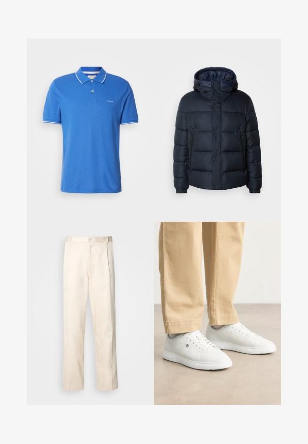 Marineblå pufferjakke med hette, quiltet design, frontglidelås og trykknapper, to sidelommer og elastiske mansjetter.; Blå polo-shirt laget av bomull med klassisk krage. Har hvit kanting på ermene, logo på brystet og knappestolpe.; Beige bomullsbukser med rett benfatt, med knappelukking og folder foran for ekstra detaljer.; Hvite lær sneakers med en glatt finish, med rund tå, snøring og subtile logodetaljer på siden, pyntet med beige bukser.