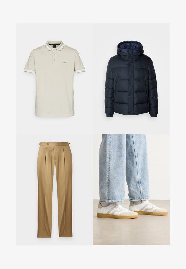 Marinblå puffjacka med huva, quiltat mönster, dragkedja och tryckknappar fram, två sidofickor och elastiska ärmslut.; BOSS PADDY - Piké - light beige; Beige byxor med rak passform, med veck, knappstängning och bälteshällor. Slätt tyg med en ren, skräddarsydd look.; Vita sneakers med beige mockadetaljer och ljusa gummisålar; har en låg design och texturerad detalj på ovansidan.