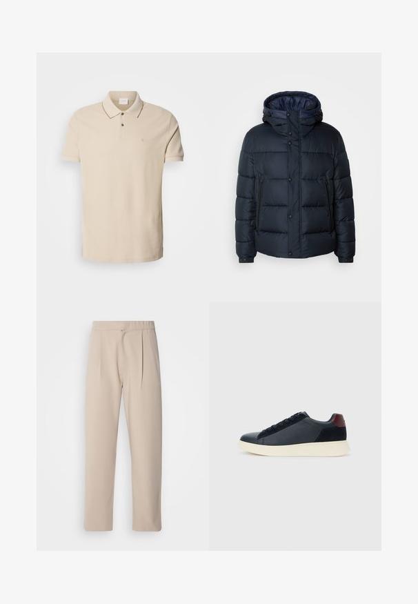 Navy puffer jacket with hood, quilted design, front zip and snap closures, two side pockets, and elasticized cuffs.; Beige polo paita, valmistettu puuvillasta, jossa on kaksinappinen kaulus, lyhyet hihat ja pieni logo rinnassa. Kontrastivärinen ompelu.; Beige, laskulöydään housut pehmeästä kankaasta. Varustettu elastisella vyötärönauhalla, suorilla lahkeilla ja sileällä pinnalla. Ei taskuja tai yksityiskohtia.; Miestne bežecké tenisky s nízkym strihom v čiernej koži a semišovej úprave s bordovým jazykom a bielou gumovou podrážkou, pohľad z vonkajšej strany.