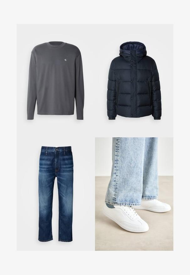 Navy puffer jacket with a hood, quilted design, front zip and snap closures, two side pockets, and elasticized cuffs.; Long-sleeve shirt in dark gray cotton, featuring a crew neck and a small white CK logo on the chest. Smooth texture, relaxed fit.; Dark blue straight-leg denim jeans with subtle fading on thighs and a button closure at the waistband, displayed on a white background.; White sneakers with smooth material, lace-up design, textured rubber sole, and a teal accent at the heel, paired with light blue jeans.