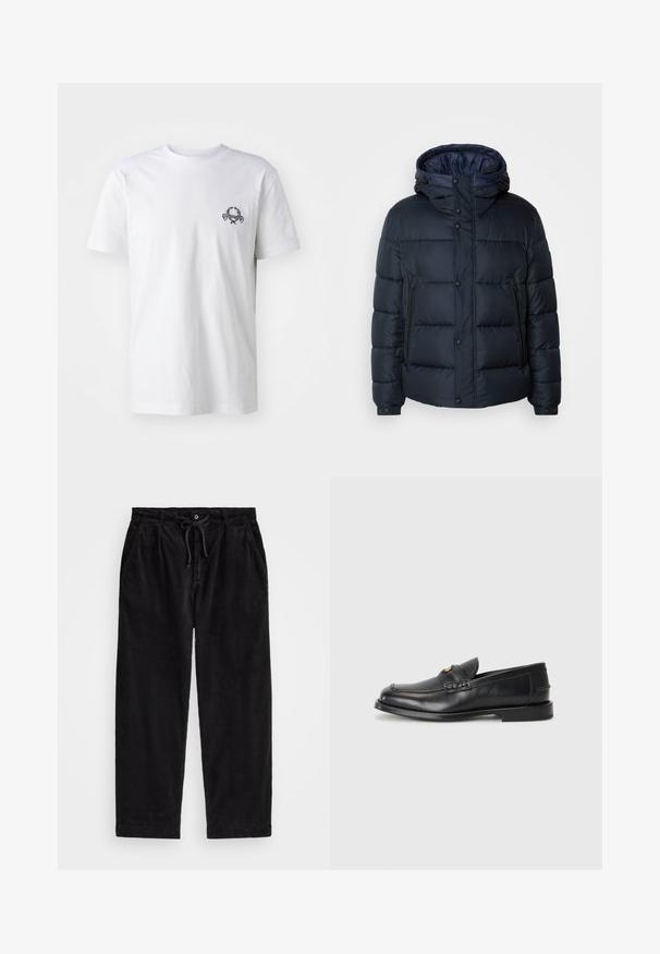 Marine blauwe pufferjack met een capuchon, doorgestikt ontwerp, voorrits en drukknoopsluiting, twee zijzakken en elastische manchetten.; Witte katoenen t-shirt met een klein zwart geborduurd ontwerp op de borst; korte mouwen en een klassieke ronde hals.; Zwarte corduroy broek met een relaxte pasvorm, voorzien van een elastische tailleband met een koord, en zijzakken. De stof vertoont een ribbelstructuur.; Zwarte leren instappers met een ronde neus, gestikte details en een kleine gouden accent aan de voorkant. De zool is plat en discreet.