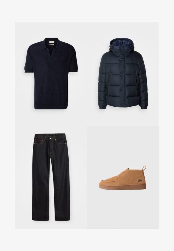 Tengerészkék pufi dzseki kapucnival, steppelt mintával, elöl cipzárral és patentos záródással, két oldalsó zsebbel és rugalmas mandzsettákkal.; Sötétkék kötött póló ing rövid ujjal, V nyakkivágással és finom textúrával. Az öltözet a GANT logóját hímezték azonos színben a mellrészen.; Férfi egyenes szabású fekete farmernadrág öt zsebbel és narancssárga varrással, gombos és cipzáros záródással elöl.; Barna velúr fűzős bokacipő, gumi talppal és húzófüllel, az oldalán jellegzetes krokodil logóval.