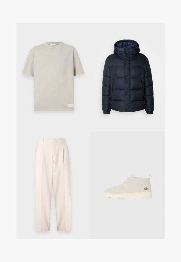 Marineblå pufferjakke med hette, quiltet design, frontglidelås og trykknapper, to sidelommer og elastiske mansjetter.; Lys beige kortermet t-skjorte laget av myk stoff, med rund hals og en liten etikett nederst til venstre.; Beige skreddersydde bukser med høy midje, legg og rett ben-design. Laget av glatt stoff med sidelommer og en ren finish.; Lys grå semsket ankelstøvler med rund tå, hvit gummisåle og subtil logo-detalj på siden. Har snøring.