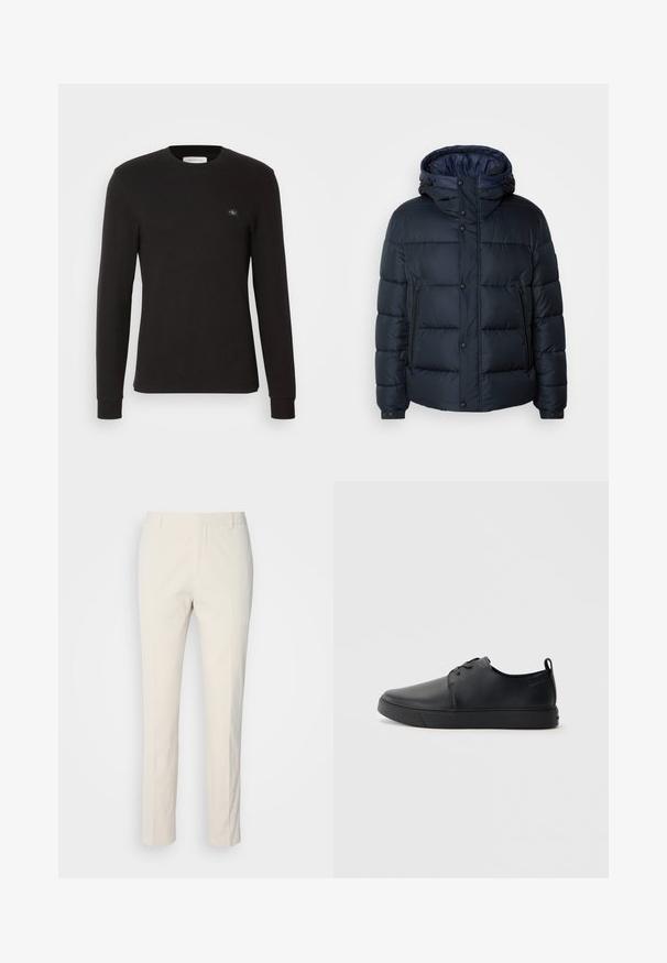 Tengerészkék pufi dzseki kapucnival, steppelt mintával, elöl cipzárral és patentos záródással, két oldalsó zsebbel és rugalmas mandzsettákkal.; Fekete, hosszú ujjú póló bordázott anyagból. Kerek nyakkivágással és egy kis logófogal a bal mellen, az ujjakon pedig szoros mandzsettával.; Krém színű, testhezálló nadrág, texturált anyagból. Egyenes szárú kialakítással, övhurkokkal és két elülső zsebből áll. Mintázat nélküli.; Fekete bőr sportcipő sima felülettel, lekerekített orral, azonos színű varrással, fűzős elülső résszel és lapos gumitalppal. Hurok a sarkán.