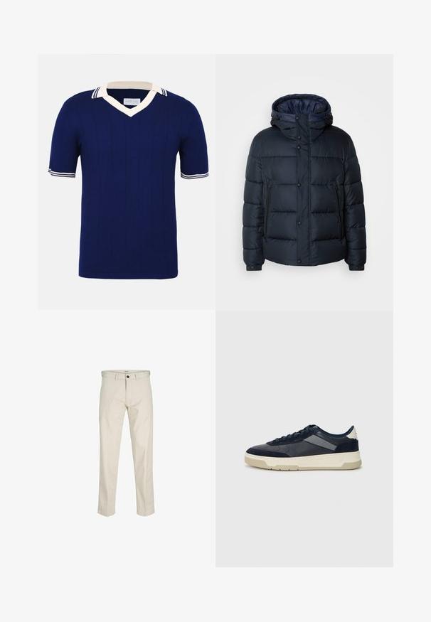 Cazadora acolchada azul marino con capucha, diseño acolchado, cierre frontal con cremallera y botones a presión, dos bolsillos laterales y puños elásticos.; Camiseta de rugby de punto en azul marino con cuello en V y mangas cortas. Presenta un cuello blanco y acentos a rayas en las mangas, con un diseño de canalé vertical.; Pantalones de algodón beige con corte recto, cierre de botones, bolsillos frontales y costuras cosidas. Textura suave, detalles mínimos y sin patrones.; BOSS BALTIMORE - Zapatillas - open blue