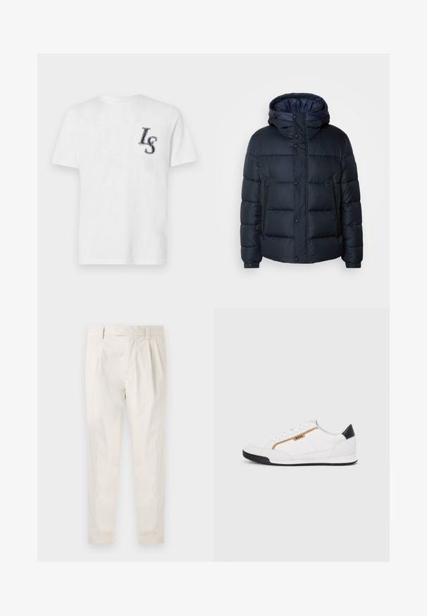 Cazadora acolchada azul marino con capucha, diseño acolchado, cierre frontal con cremallera y botones a presión, dos bolsillos laterales y puños elásticos.; Camiseta de algodón blanca con mangas cortas, con un logo "LS" de color azul marino en la parte izquierda del pecho. Textura suave, diseño clásico de cuello redondo.; Pantalones blancos plisados con un ajuste entallado, que presentan una textura suave, pasadores para el cinturón y piernas ajustadas. Sin bolsillos visibles ni patrones.; Zapatillas deportivas blancas con acentos de malla y cuero. Presentan un logotipo dorado de "BOSS", paneles laterales texturizados y una tapa de talón negra. Suela de goma.