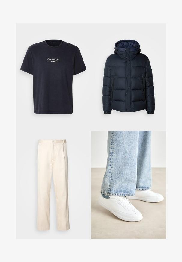 Marineblå pufferjakke med hette, quiltet design, frontglidelås og trykknapper, to sidelommer og elastiske mansjetter.; Mørkeblå bomull T-skjorte med korte ermer, rund hals, og hvit "Calvin Klein Jeans" logo trykt på brystet.; Beige bomullsbukser med rett benfatt, med knappelukking og folder foran for ekstra detaljer.; Hvite sneakers med glatt materiale, snøring, teksturert gummisåle, og en teal akcent ved hælen, kombinert med lyseblå jeans.