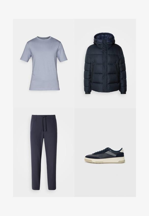 Giacca puffy blu navy con cappuccio, design trapuntato, chiusura frontale con zip e bottoni a pressione, due tasche laterali e polsini elasticizzati.; DRYKORN RAPHAEL - T-shirt basic - blau; Pantaloni jogger blu navy con vita elasticizzata e cordino. Realizzati in materiale liscio, presentano gambe affusolate e nessuna tasca visibile.; BOSS BALTIMORE - Sneakers basse - open blue