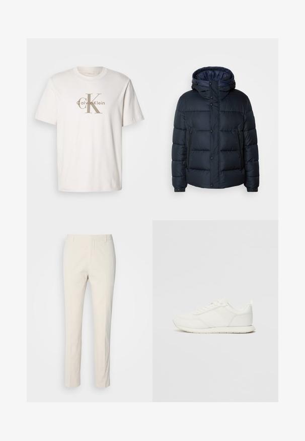 Marineblå pufferjakke med hette, quiltet design, frontglidelås og trykknapper, to sidelommer og elastiske mansjetter.; Hvit kortermet bomull T-skjorte med beige "cK Calvin Klein" logo trykt på brystet, rund halslinning og avslappet passform.; Kremfargede skreddersydde bukser med teksturert stoff. Har en rett ben-design, beltehemper og to frontlommer. Ingen mønstre.; Hvit sneaker med en mesh- og syntetisk overdel, rund tå, flate lisser og en teksturert sidestropp. Gummisåle med en pull-tab bak.
