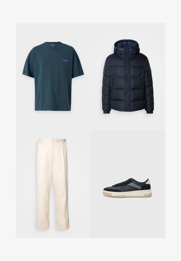 Casaco puffer azul-marinho com capuz, design acolchoado, fecho à frente com zíper e botões de pressão, dois bolsos laterais e punhos elástico.; Camiseta de algodão azul escuro com mangas curtas, gola redonda e um pequeno logótipo branco na área do peito esquerdo. Textura suave, ajuste relaxado.; Calças de algodão bege com corte reto, apresentando um fecho de botão e pregas na frente para um detalhe adicional.; BOSS BALTIMORE - Sapatilhas - open blue