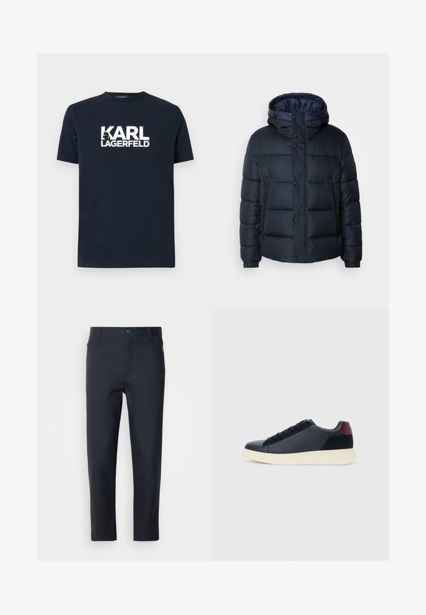 Navy puffer jacket with a hood, quilted design, front zip and snap closures, two side pockets, and elasticized cuffs.; Navy cotton t-shirt featuring short sleeves and a rounded neckline, with bold white "KARL LAGERFELD" logo across the chest.; Navy blue tailored trousers made of smooth fabric, featuring a zippered pocket, straight legs, and a button closure at the waistband.; Low-top men's sneaker in black leather and suede with maroon heel tab and white rubber sole, viewed from the outer side.