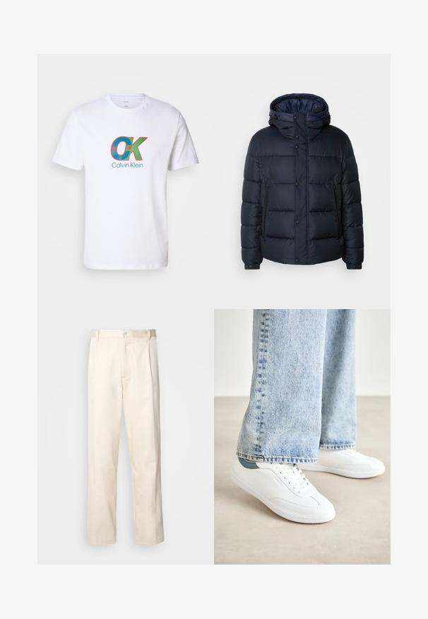 Casaco puffer azul-marinho com capuz, design acolchoado, fecho à frente com zíper e botões de pressão, dois bolsos laterais e punhos elástico.; T-shirt de algodão branco com um gráfico ousado em vermelho e turquesa, com o texto "OK" e "Calvin Klein" no centro. Manga curta.; Calças de algodão bege com corte reto, apresentando um fecho de botão e pregas na frente para um detalhe adicional.; Ténis brancos com material suave, design de atacadores, sola de borracha texturizada e um detalhe em teal no calcanhar, combinados com jeans azul claro.