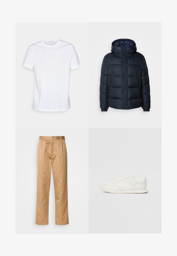 Tamsiai mėlynas pūkinis švarkas su kapišonu, siūtas dizainas, priekinis užtrauktukas ir mygtukų uždarymas, dvi šoninės kišenės ir elastingi rankogaliai.; Balta medvilninė marškinėliai su trumpomis rankovėmis, apykaklės suapvalinimu ir maža prekės ženklo etiketė ant krūtinės. Lygi tekstūra ir minimalistiškas dizainas.; Kaki kelnės, medvilnės mišinys, tiesaus kirpimo dizainas, priekiniai raukiniai, diržo kilpos ir mygtuko uždarymas. Lygus audinys be raštų.; Balti sportbačiai su tinkline ir sintetine viršutine dalimi, apvaliu nosiu, plokščiomis raištelėmis ir tekstūruota šonine juosta. Guma, kurios padas su vilkimo kilpute gale.