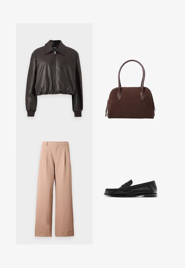 Brown cropped leather jacket with a smooth texture, a wide collar, a front zipper, and ribbed cuffs. Features a relaxed fit and minimal design.; Navy blue long-sleeve cropped top, made from soft cotton material with a boat neckline and straight cut. Smooth, lightweight texture.; Beige wide-leg pants with belt loops, pleats at the waist, and a flat front, displayed against a plain white background.; Black leather loafers with a stitched design, featuring a raised strap over the vamp and a low stacked heel. Smooth texture and classic shape.; Brown suede handbag with a rounded shape, dual leather handles, side zipper, and minimal stitching, featuring a smooth texture.; Brown leather gloves with a smooth texture, featuring five fingers, elastic wrist, and decorative stitching along the edge.