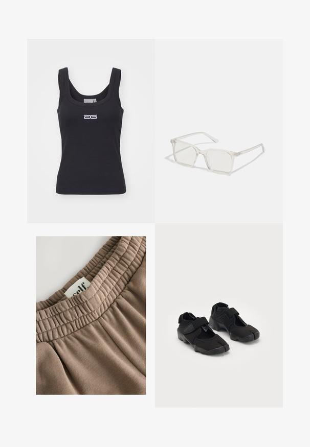 Brun cropped læderjakke med en glat tekstur, bred krave, en frontlynlås og ribbede manchetter. Har en afslappet pasform og minimalistisk design.; Gestuz DREW LOGO  - Top - black; Brun elastisk taljebånd med samlet tekstur, vedhæftet label med teksten "self" og blødt stof, der har en glat overflade og neutral tone.; Sorte vandsko lavet af fleksibelt stof med en velcrorem, der har et unikt split-tå design og en tekstureret gummisål for bedre greb.; Klare plastiske briller med firkantet ramme og gennemsigtige linser, der har guld accenter på tempelstængerne for ekstra detaljer.