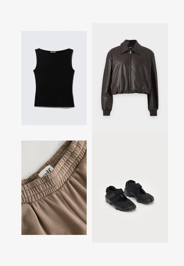 Brun kort läderjacka med en slät textur, bred krage, framzipper och ribbade ärmslut. Har en avspänd passform och minimalistisk design.; Svart ärmlös topp med rundad halsringning, tillverkad av ett slät, elastiskt material. Har en figursydd siluett och en ren, enkel design.; Brun elastisk midjeresår med rynkad struktur, fäst etikett med texten "själv", och mjukt tyg med en slät yta och neutral ton.; Svarta vattenskor gjorda av flexibelt tyg med ett kardborreband, med en unik delad tådesign och strukturérad gummisula för grepp.