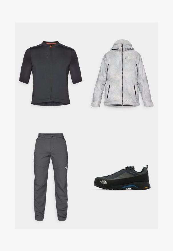 Jasnoszara ocieplana kurtka z kapturem, z siatkowymi wzorami, czarnymi zamkami błyskawicznymi i logo na klatce piersiowej. Pionowe kieszenie na zamek po bokach.; Krótki rękaw koszulka rowerowa z czarnego materiału o fakturowanej powierzchni, z zamkiem błyskawicznym z przodu i pomarańczowym akcentem przy kołnierzu. Posiada dopasowany krój.; Szare spodnie outdoorowe wykonane z trwałego materiału, z zapięciem na guzik, szlufkami na pasek i logo w pobliżu dolnej części nogawki.; The North Face VERTO ALPINE szary