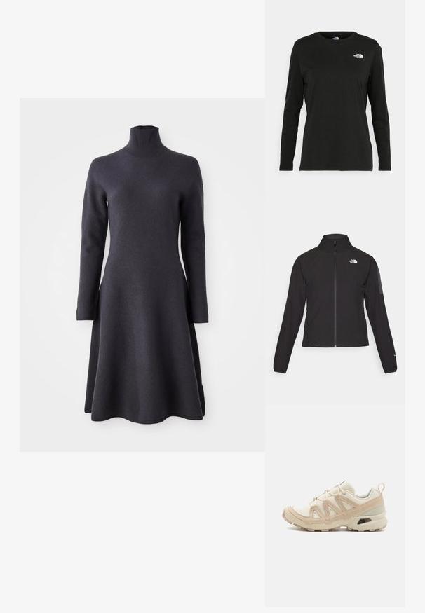 Melna ar rāvējslēdzēju aizdara jaka ar augstu apkakli, teksturētu audumu un logotipu kreisajā krūtī. Satur garas piedurknes un pieguļošu dizainu.; Tumši pelēks, garām piedurknēm kleita ar augstu apkakli. A-līnijas siluets, mīksta tekstūra un apakšējā mala, kas izplešas. ; Melnas garām piedurknēm T-krekls, izgatavots no kokvilnas ar apaļu kaklu. Tam ir mazs balts logo kreisajā krūtīs. Vienkāršs dizains un piegulums.; Beige un krēma sporta apavi ar strukturētu tīkla virsmu, atbalstošajiem slāņiem un gumijas zoli ar protektoru rakstu, kas nodrošina saķeri.