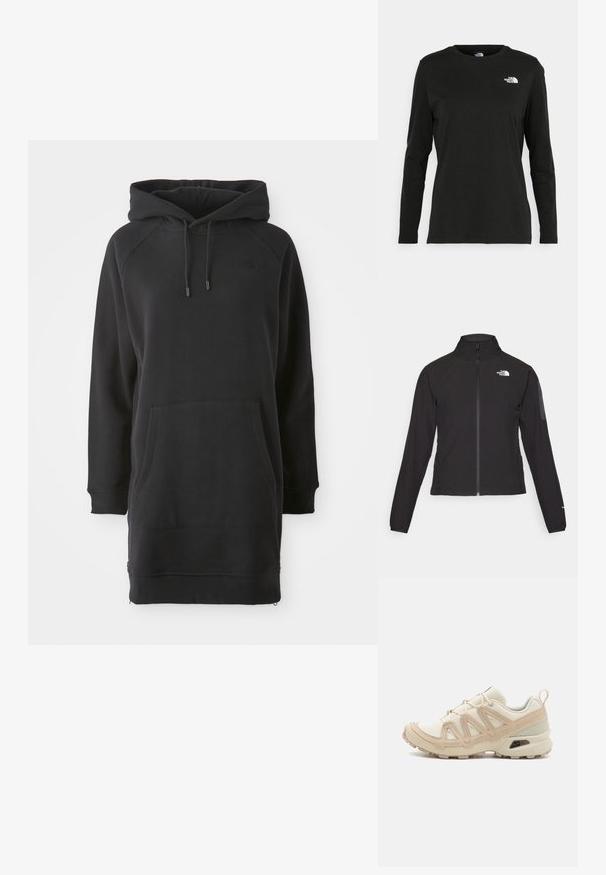 Črna zip-up jakna z visokim ovratnikom, teksturirano blago in logotipom na levem prsnem delu. Ima dolge rokave in prilega se.; Črna kapucinska obleka s kenguru žepom, rebrastimi manšetami in nastavljivimi vrvicami. Narejena iz mehkega blaga s sproščenim krojem.; Črna majica z dolgimi rokavi iz bombaža z okroglo izrezom. Ima majhen bel logotip na levem prsnem delu. Enostaven dizajn in prileganje.; Bež in krem športni čevlji z teksturiranim mrežastim zgornjim delom, podpornimi prekrivali in gumijastim podplatom z vzorcem za oprijem.